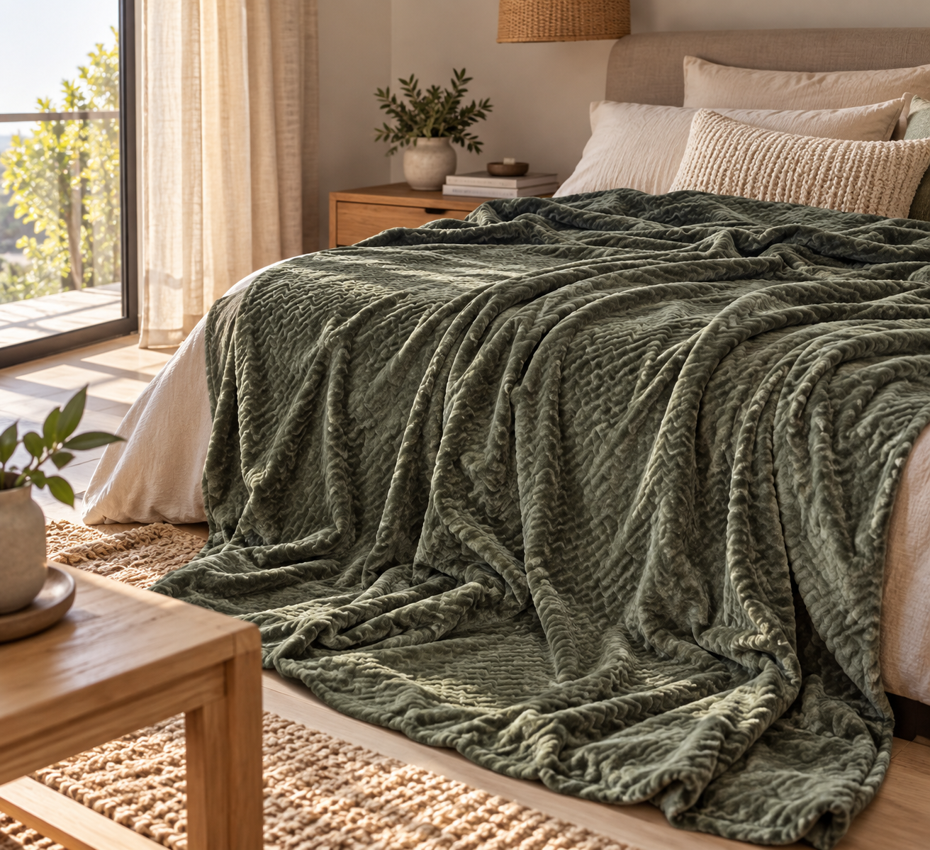 Κουβέρτα Fleece Zig Zag διπλή 220x240cm Λαδί - Image 1