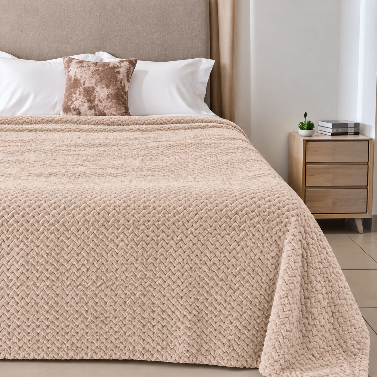 Κουβέρτα Fleece Zig Zag διπλή 220x240cm Μπεζ - Image 1