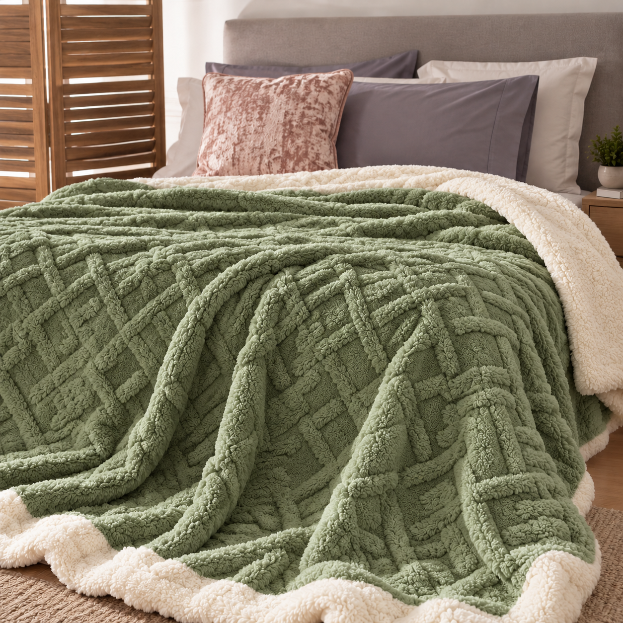 Κουβέρτα Flannel - Sherpa μονή 160x220cm Πράσινη - Image 2