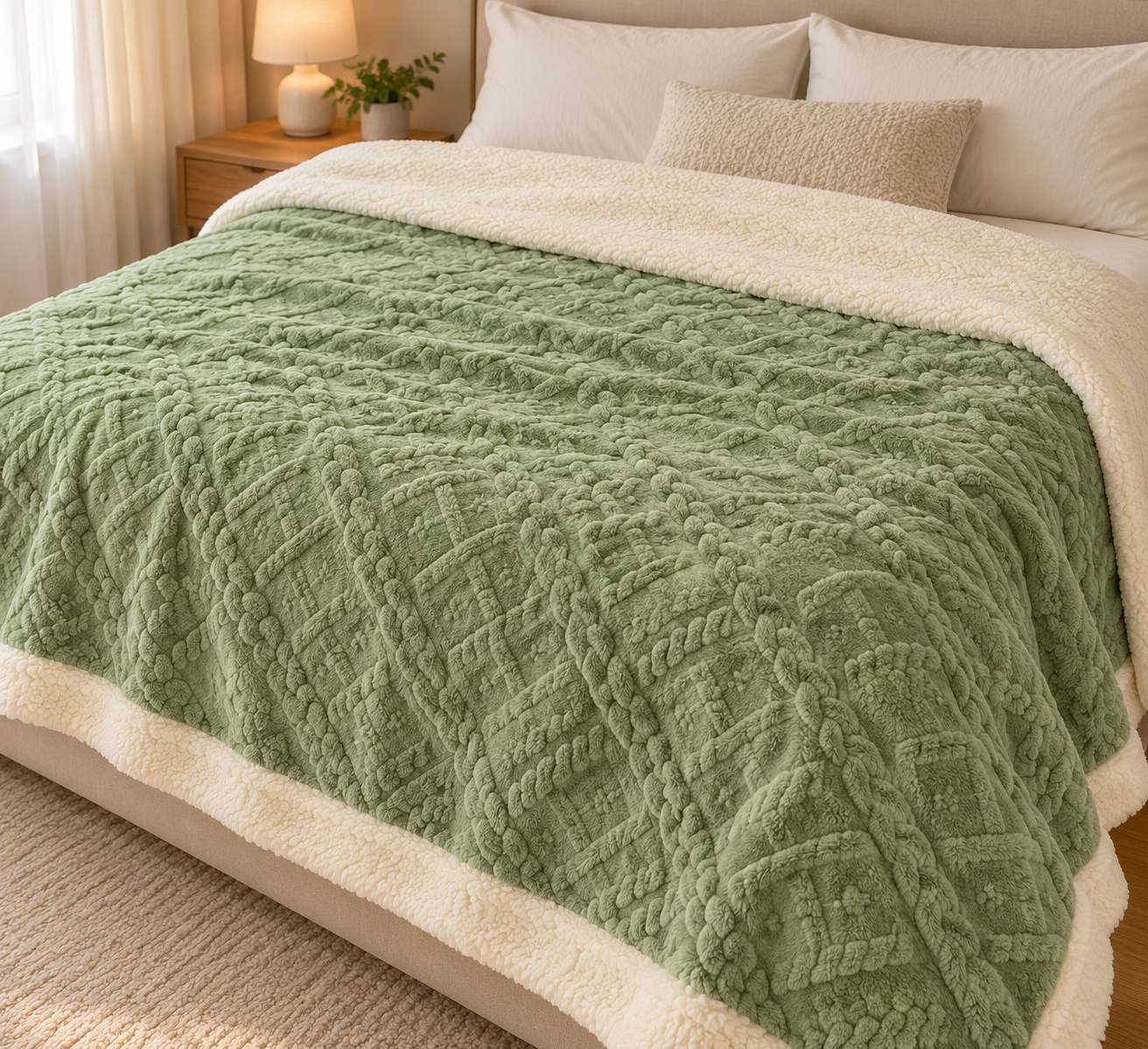 Κουβέρτα Flannel - Sherpa μονή 160x220cm Πράσινη - Image 1