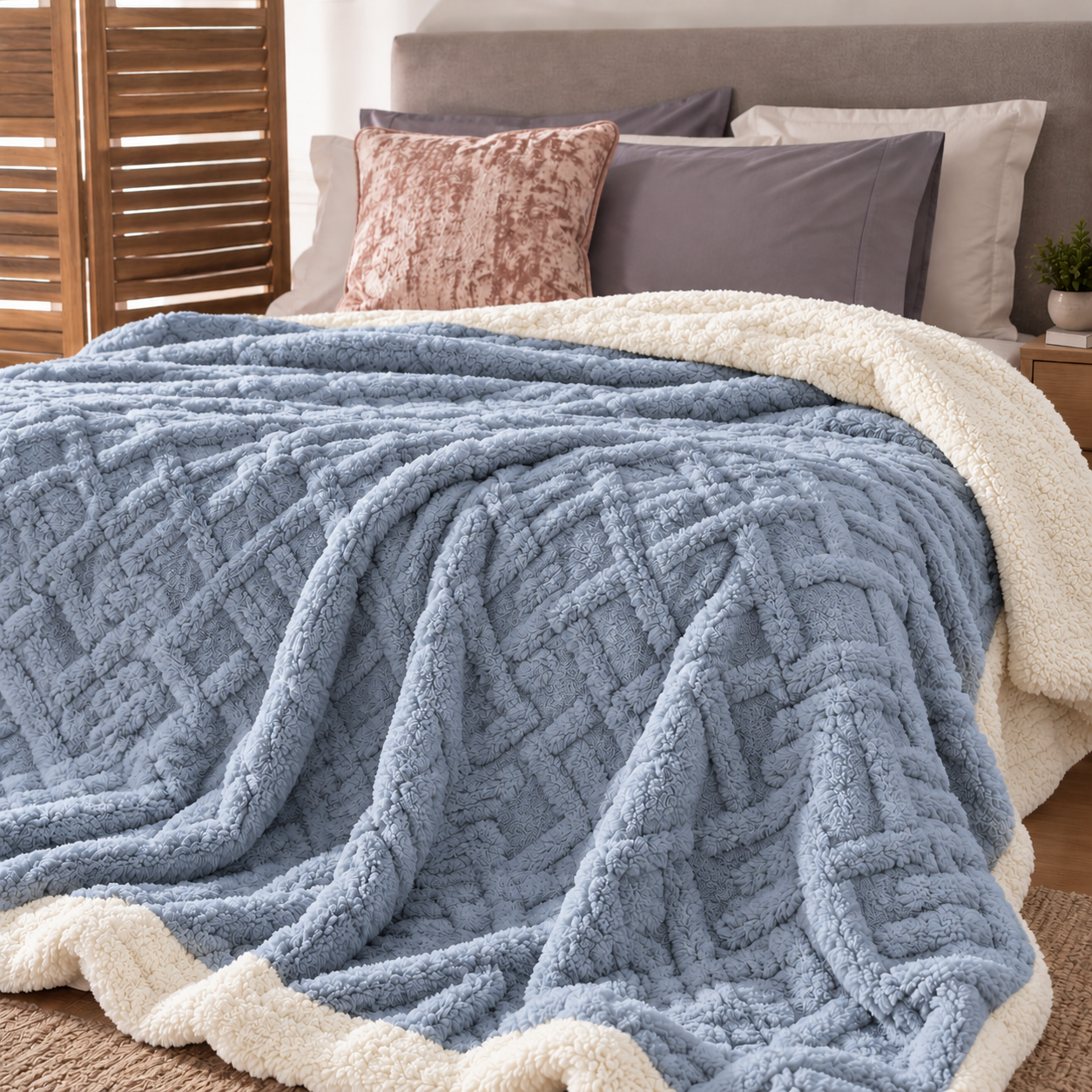 Κουβέρτα Flannel - Sherpa μονή 160x220cm Γαλάζια - Image 1